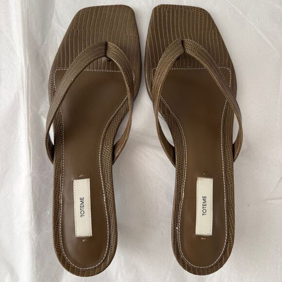 Toteme Lizard Embossed Kitten Heel Flip Flop 39 Olive - Picture 5 of 14